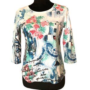 Allison Daley All-Over Art Print Top, Multicolor Blue Pink Cityscape, Size PXS